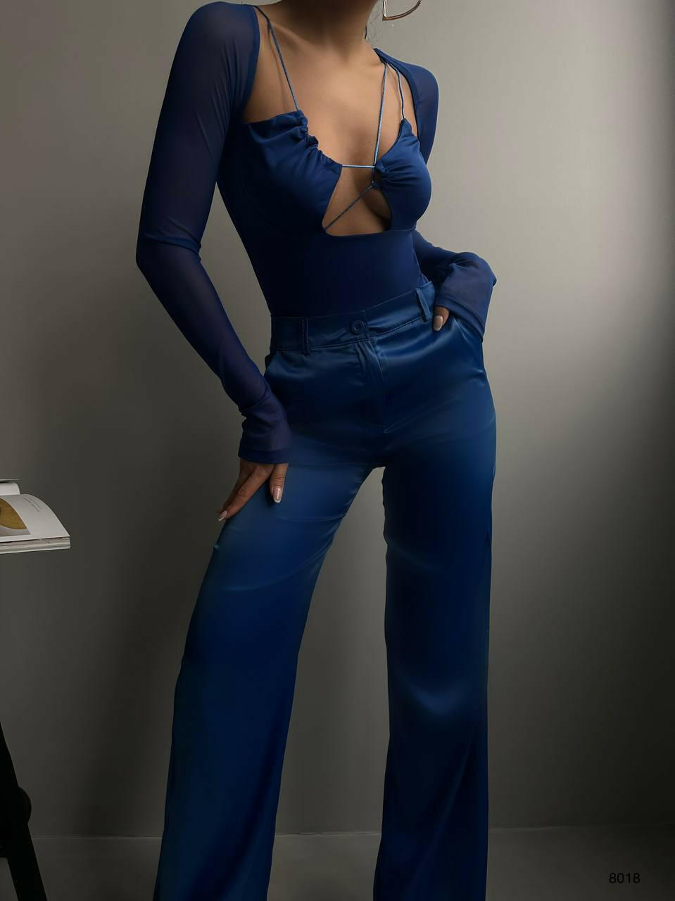 Plunging Neckline with Sheer Sleeves Bodysuit - Saxe Blue