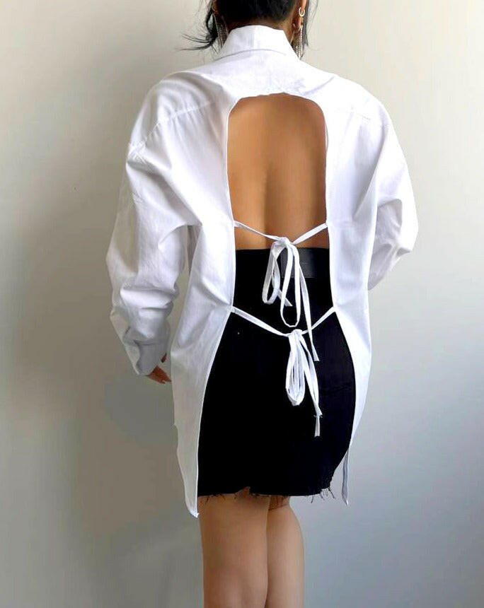 Backless Long Sleeveless Lace-up Shirt in White Color - Noxlook.