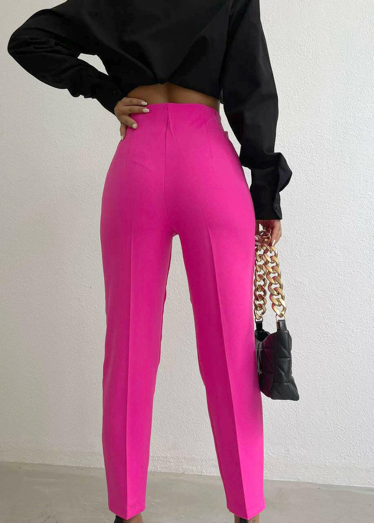 Belt Pleated High Waist Carrot Pants in Pink