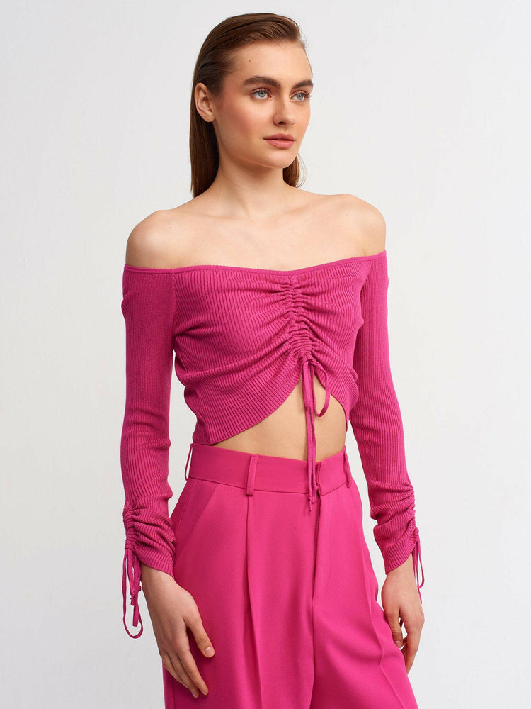 Off-Shoulder Ruffled Lace-Up Sweater - Fuchsia