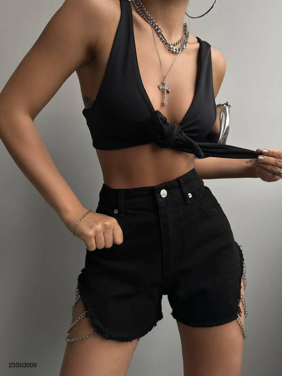 Denim Shorts with Cut Out Chain Detail