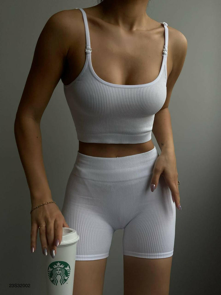 Knit Seamless Bike Shorts and Strappy Sport Bra Workout Set in White