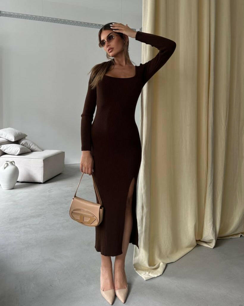 Long Sleeve Slit Tricot Dress in Brown - Noxlook