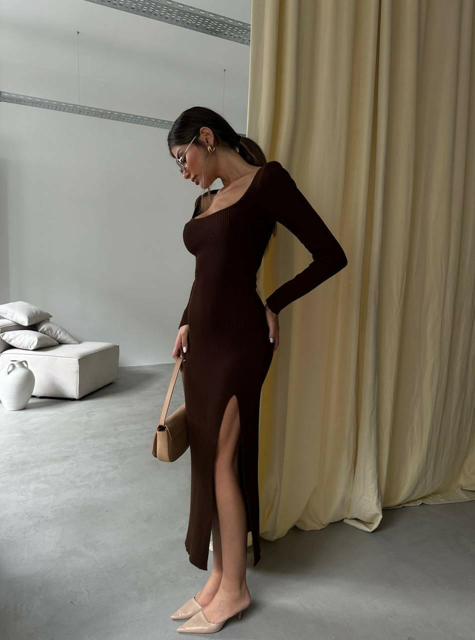 Long Sleeve Slit Tricot Dress in Brown - Noxlook
