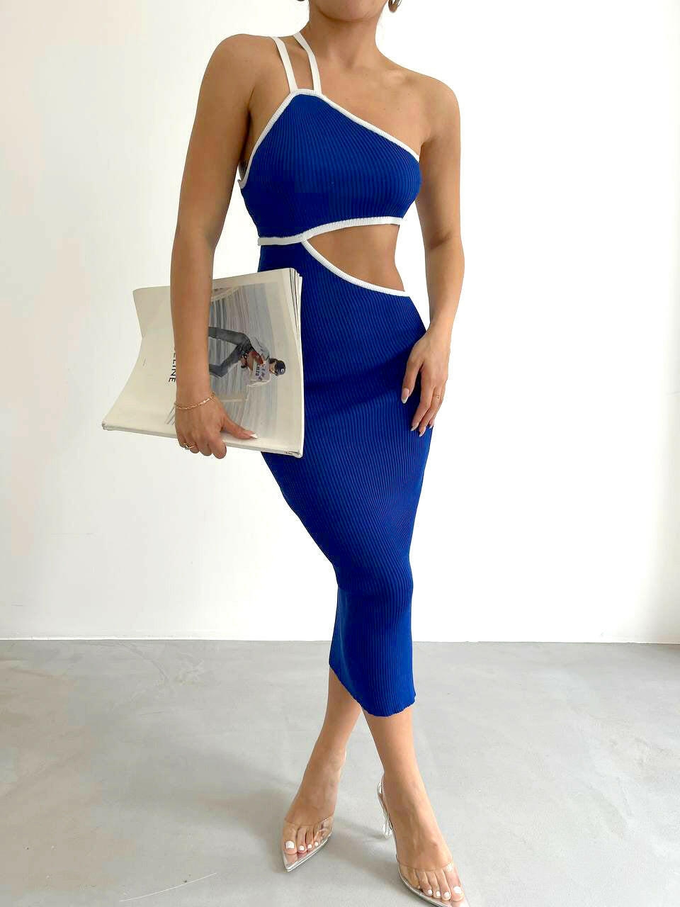 One-Shoulder Cut Out Slit Dress in Saxe Blue - Noxlook