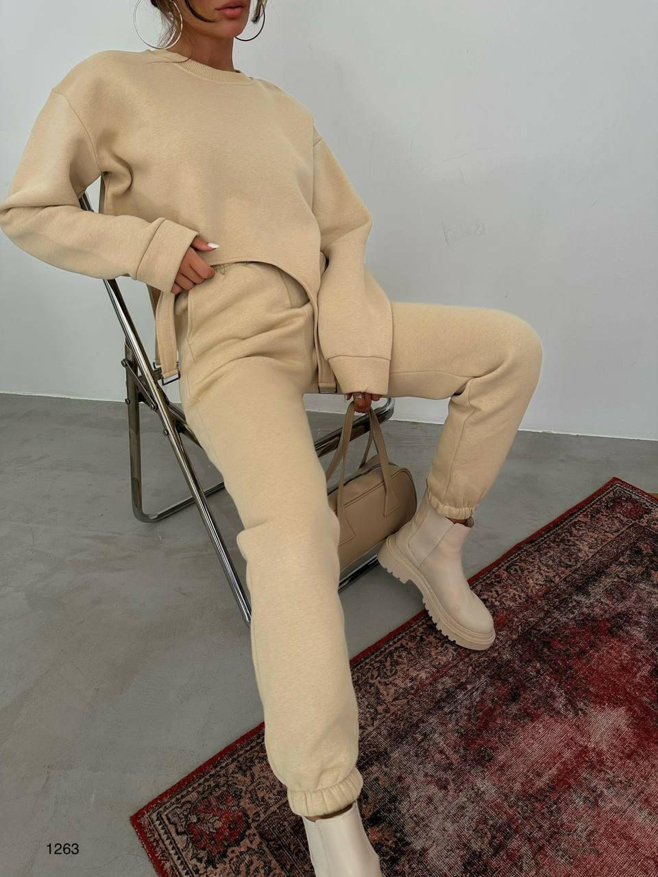 Oval Cut Matching Sweat Suits in Beige - Noxlook