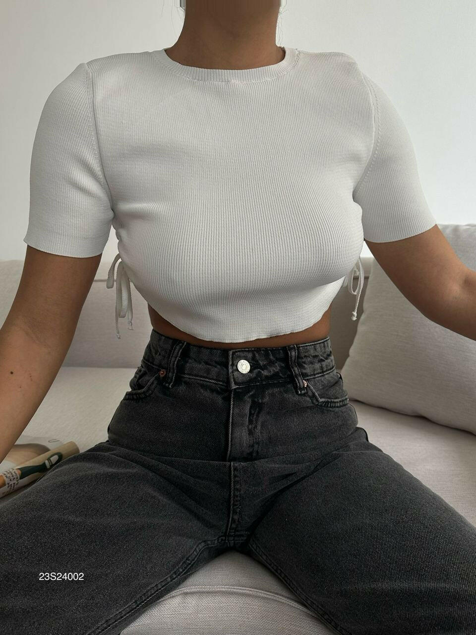 Short Sleeve Crop Blouse with Side Pleats in White