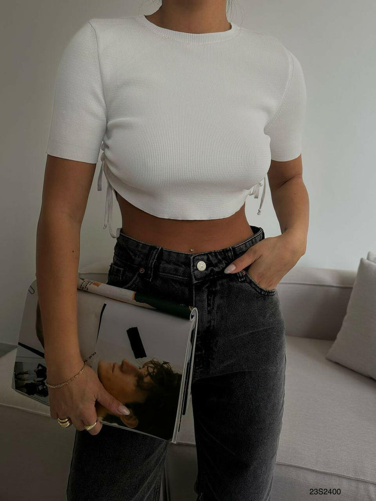 Short Sleeve Crop Top with Side Pleats in White