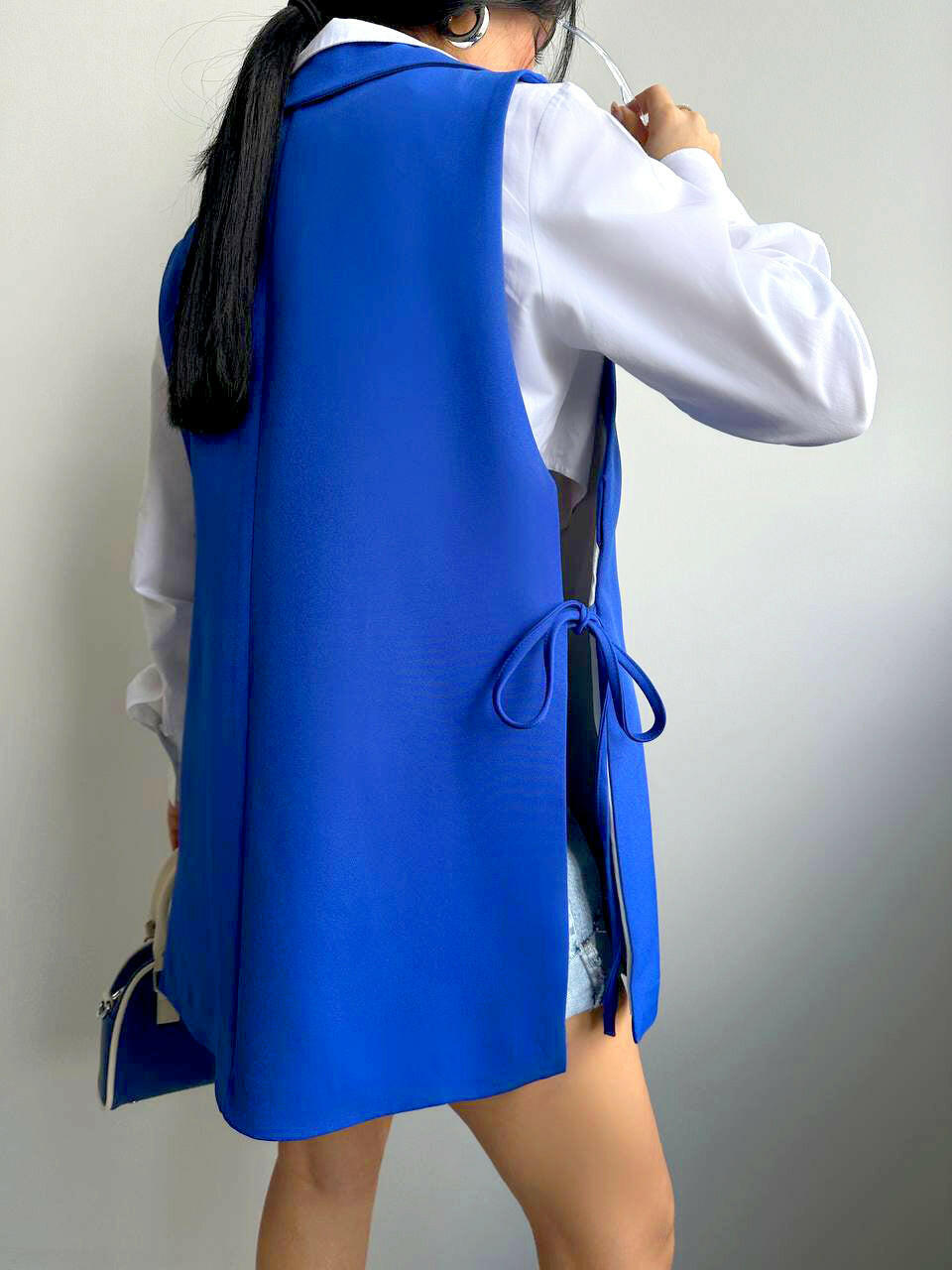 Sleeveless Blazer Vest with Side Tie Up in Blue - Noxlook