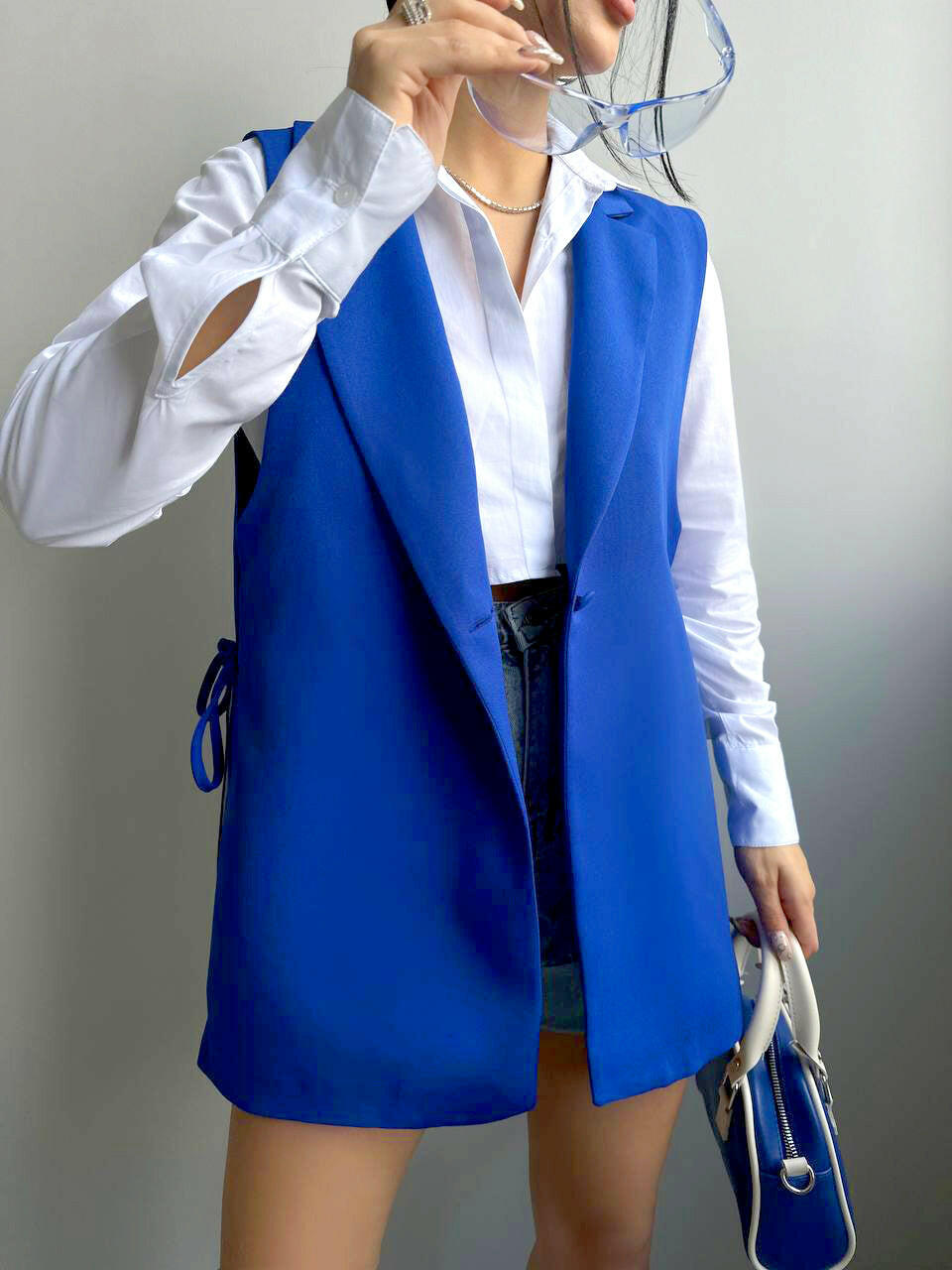 Sleeveless Blazer Vest with Side Tie Up in Blue - Noxlook