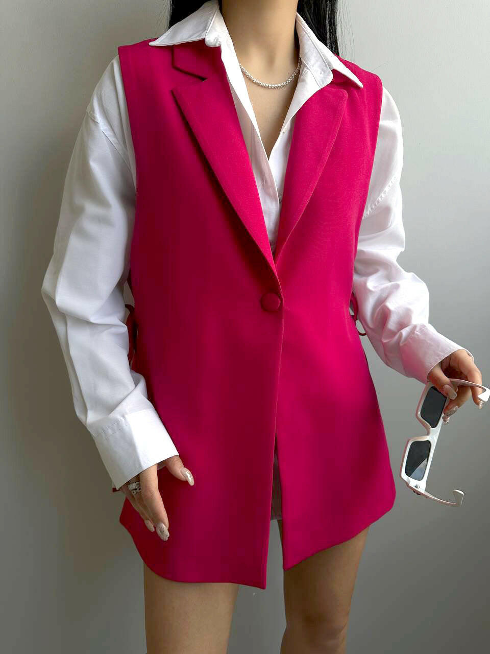 Sleeveless Blazer Vest with Side Tie Up in Fuchsia - Noxlook