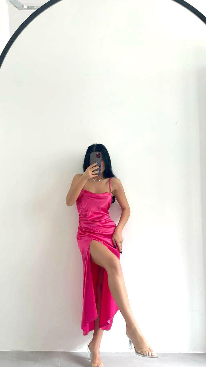Strappy Side Slit Dress in Pink - Noxlook