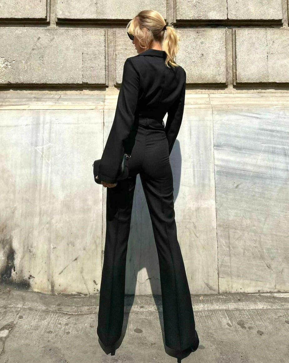 Tie-Front Crop Jacket and Pants Set Black Color - Noxlook