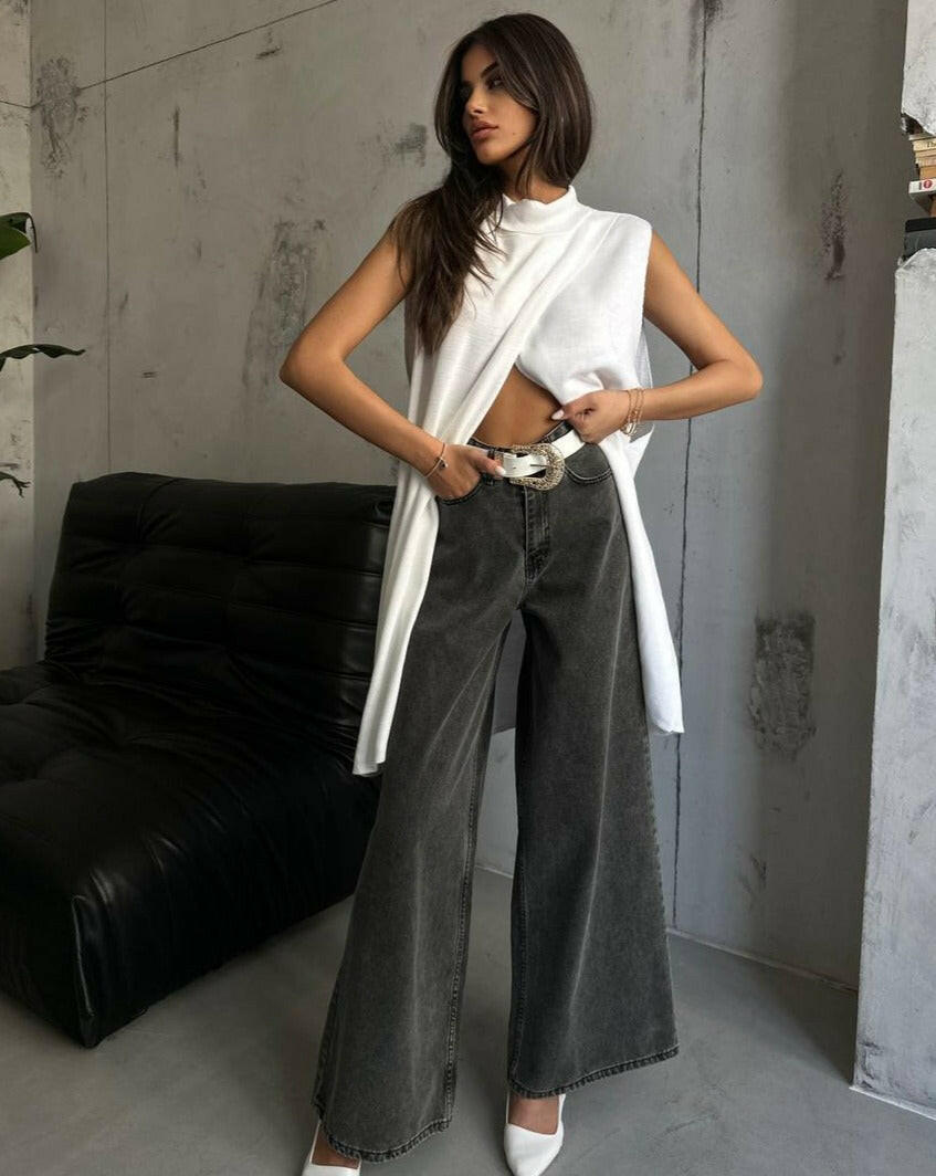 Turtleneck Sleeveless Tricot Slit Poncho in White - Noxlook