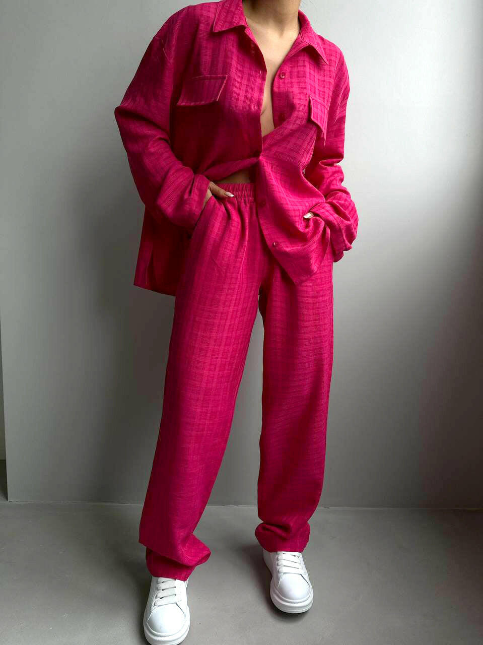 Women Double Pocket Shirt and Trousers Set Fuchsia Color - Noxlook