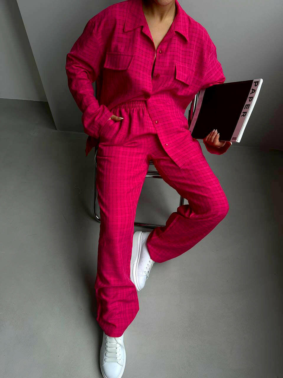 Women Double Pocket Shirt and Trousers Set Fuchsia Color - Noxlook