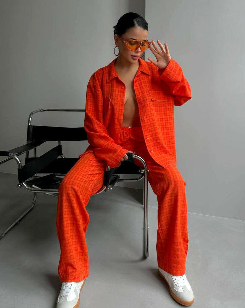 Women Double Pocket Shirt and Trousers Set Orange Color - Noxlook