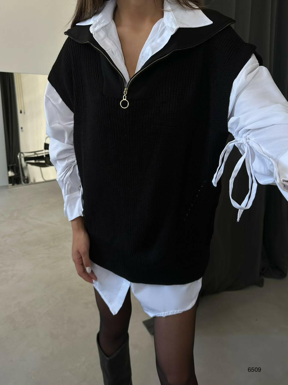 Zippered Sweater Oversize Shirt Two Piece Set in Black - Noxlook
