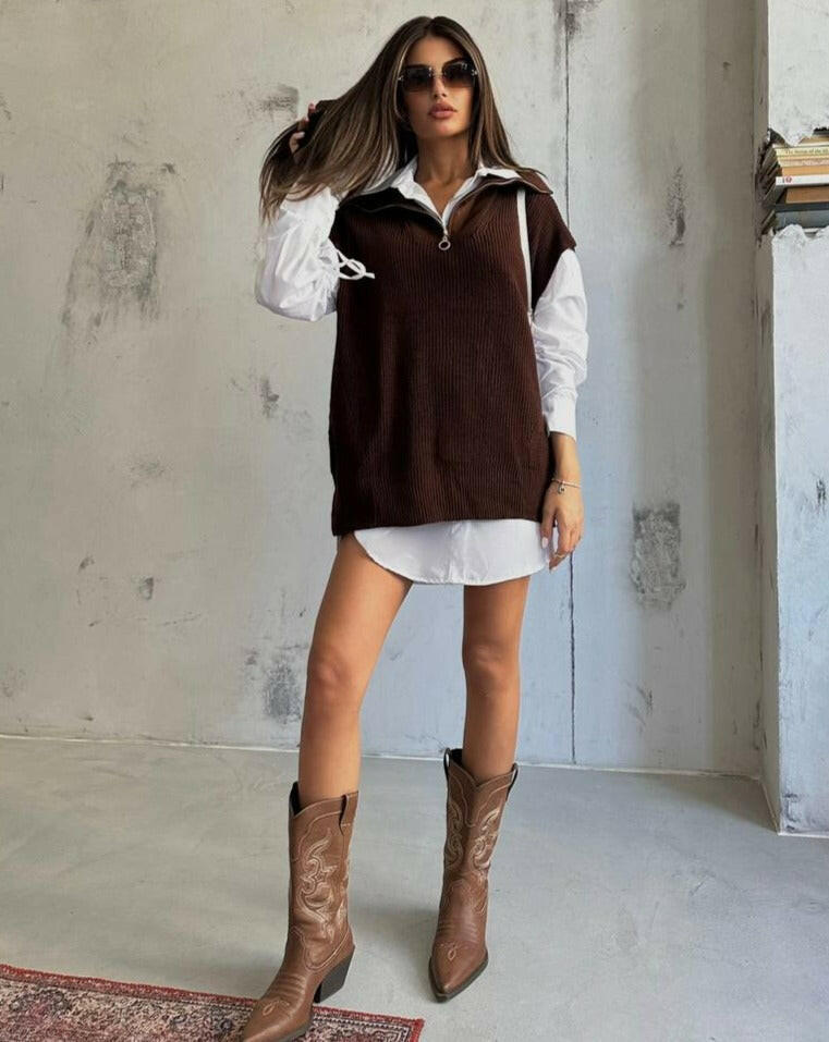 Zippered Sweater Oversize Shirt Two Piece Set in Brown - Noxlook