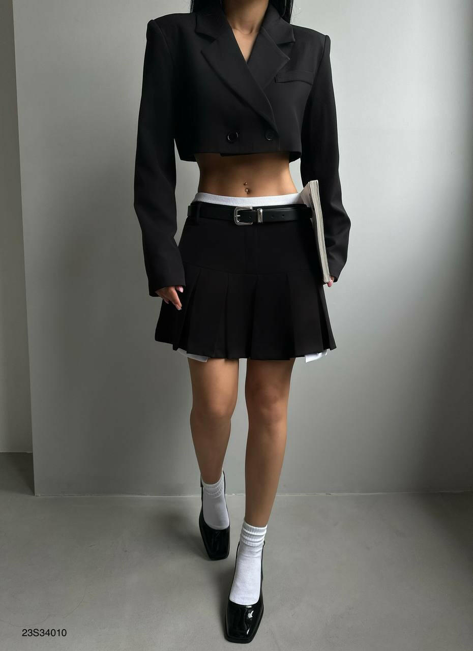 Short Jacket Suit Pleated Skirt Two Piece Set Black - Noxlook