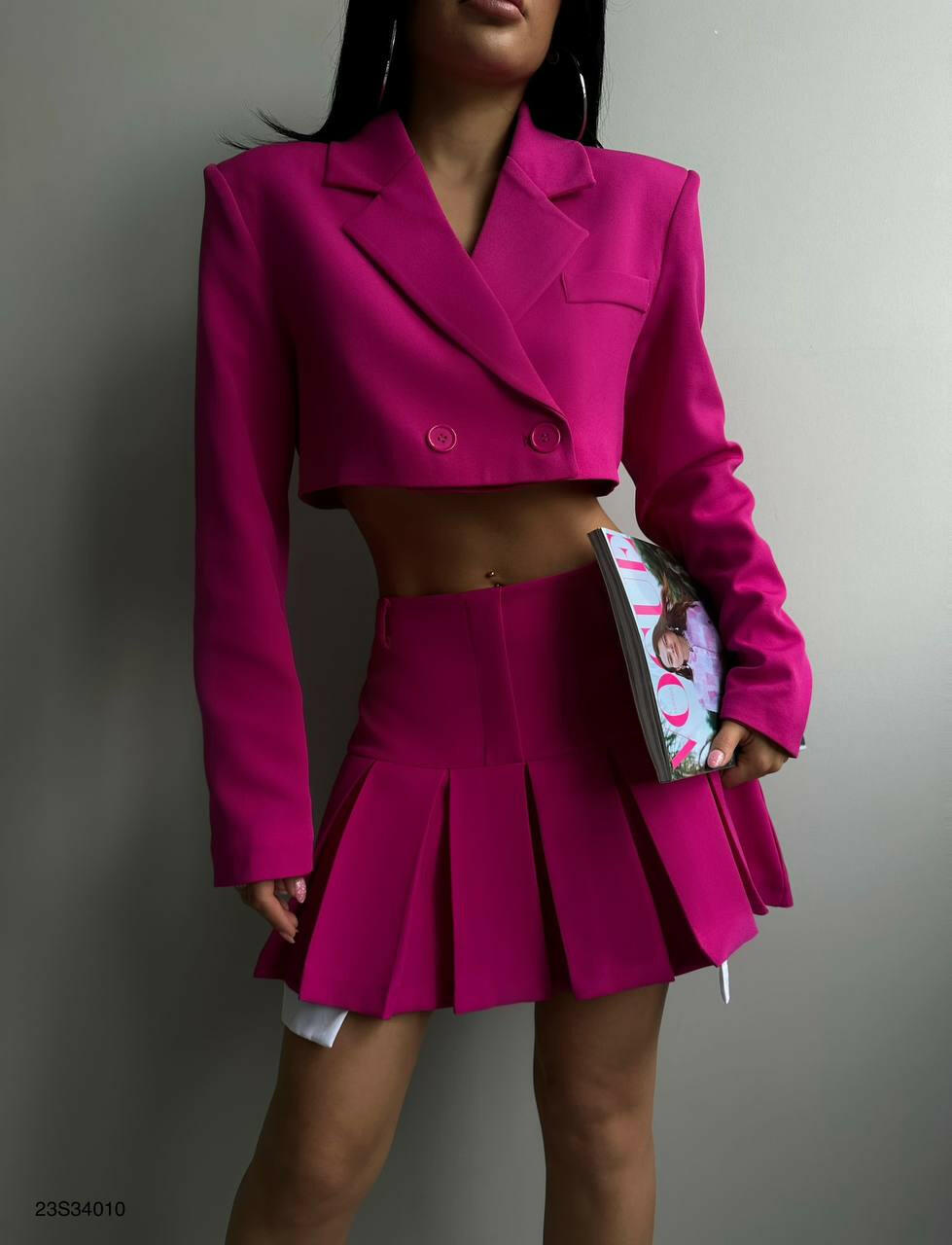 Short Jacket Suit Pleated Skirt Two Piece Set Fuchsia - Noxlook