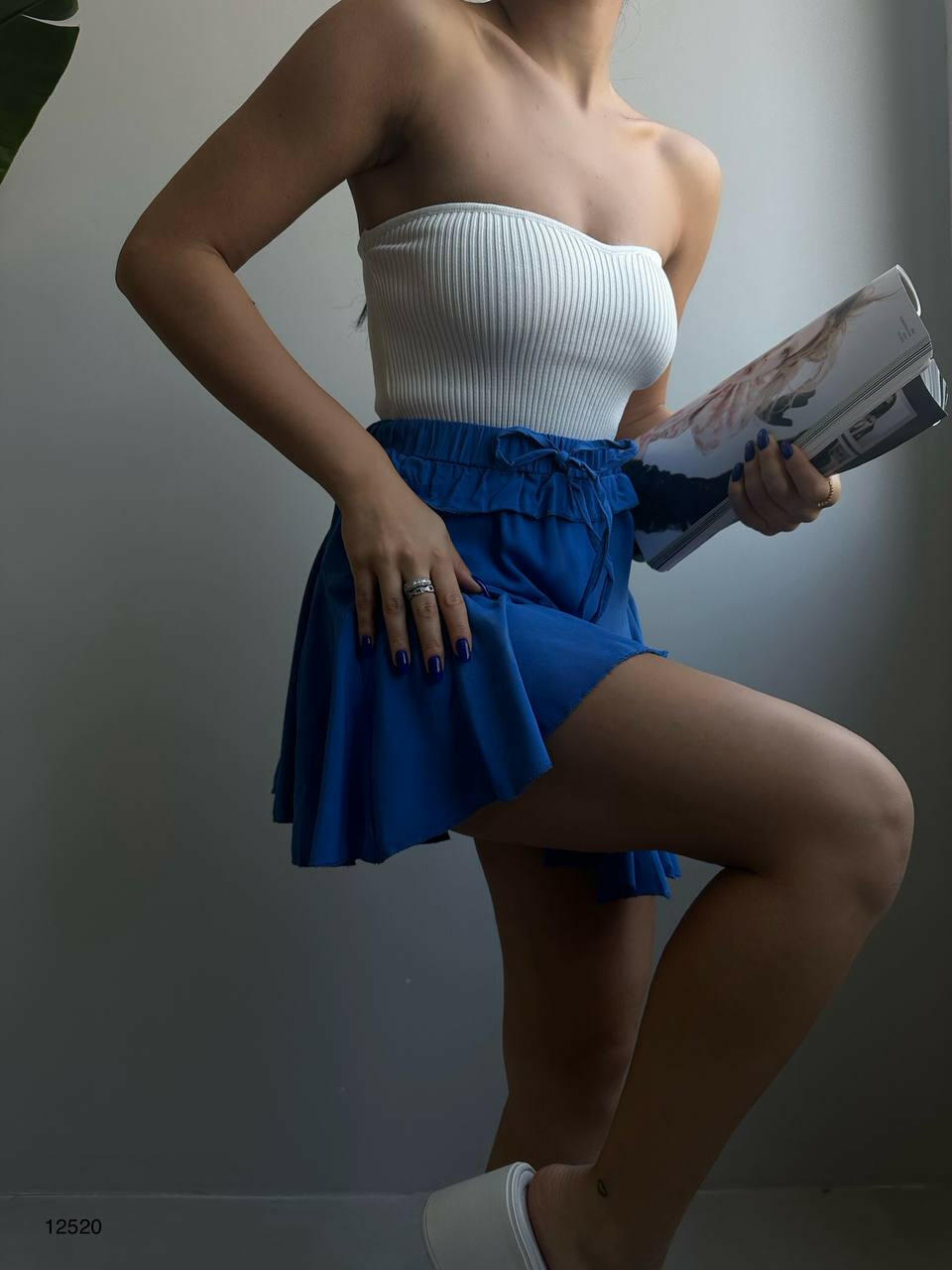 Korean Fashion Pleated Elastic Waist Mini Skirt Blue