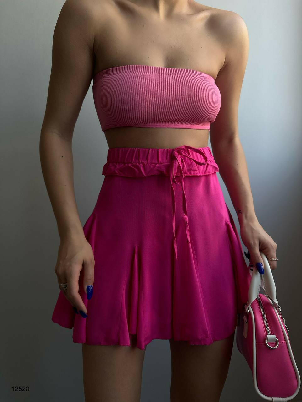 Korean Fashion Pleated Elastic Waist Mini Skirt Pink - Noxlook