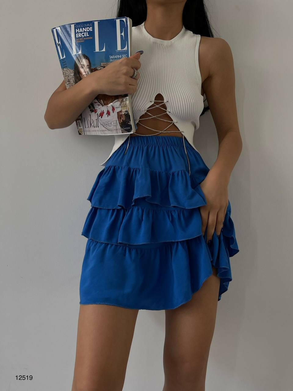 High Waisted Layered Cut Mini Pleated Skirt Blue - Noxlook