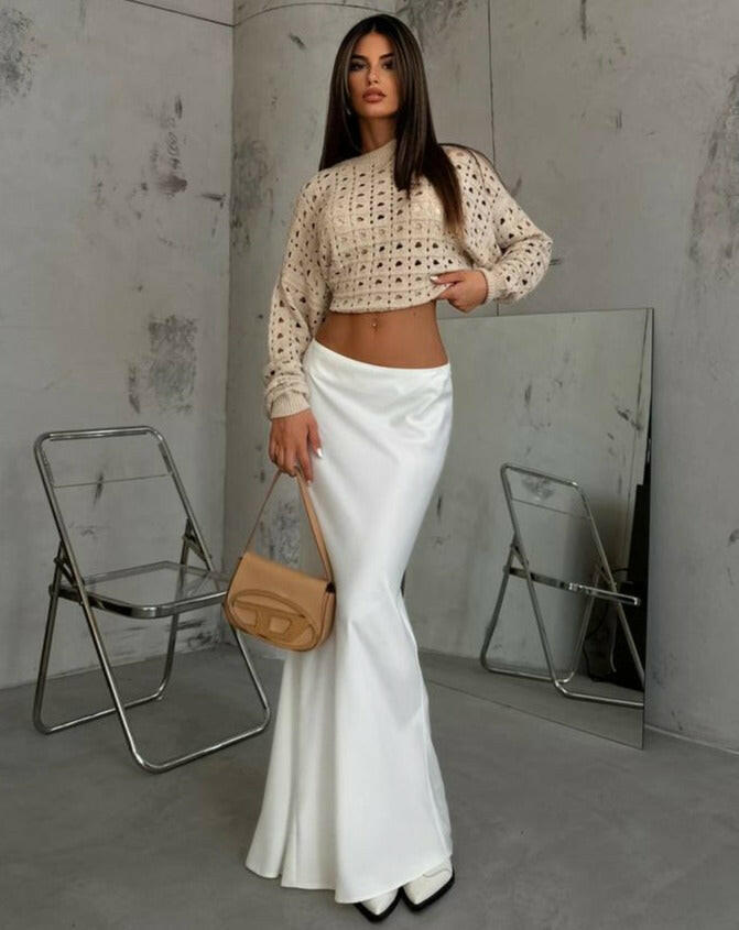 Maxi Length Satin Skirt White- Noxlook