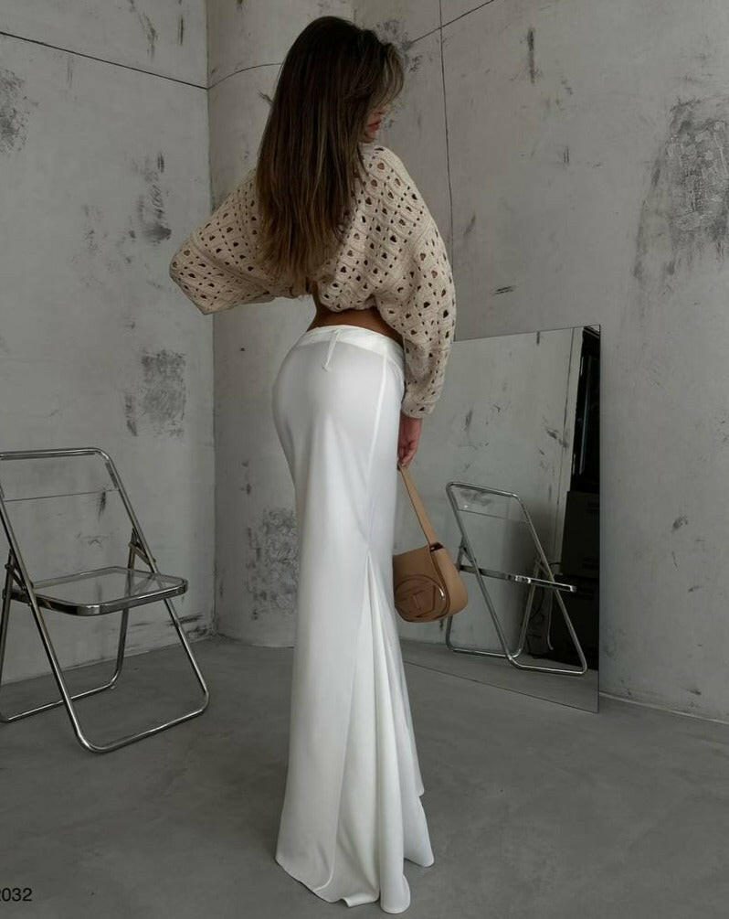 Maxi Length Satin Skirt White- Noxlook.
