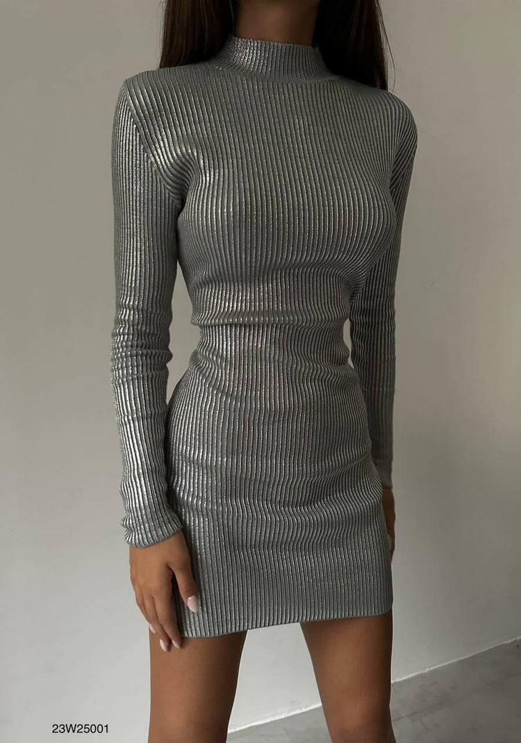 Round Neck Gray Metallic Knit Dress