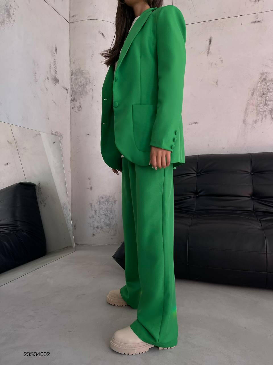 Green Pleated Waist Pants and Blazer Suit