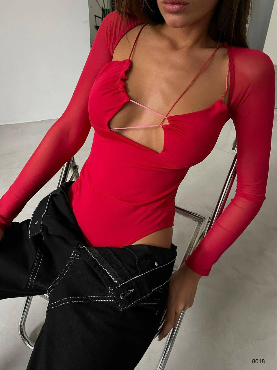  Plunging Neckline with Sheer Sleeves Bodysuit - Red
