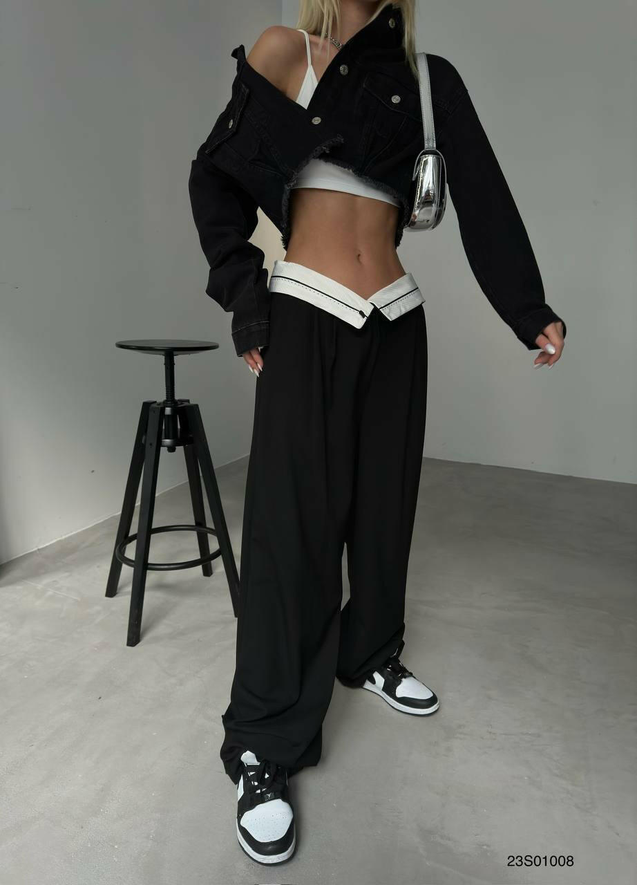 Folded Waist Trousers Palazzo Pants Fold Over Waistband Tailored Trousers in Black - Noxlook