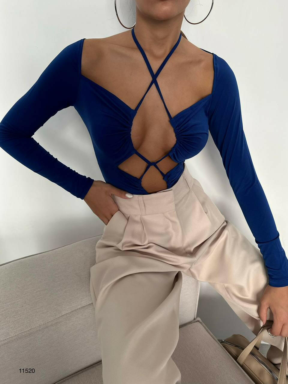 Blue Ruched Detail Plunging Bodysuit
