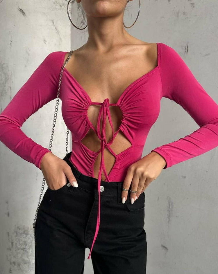 Fuchsia Ruched Detail Plunging Bodysuit