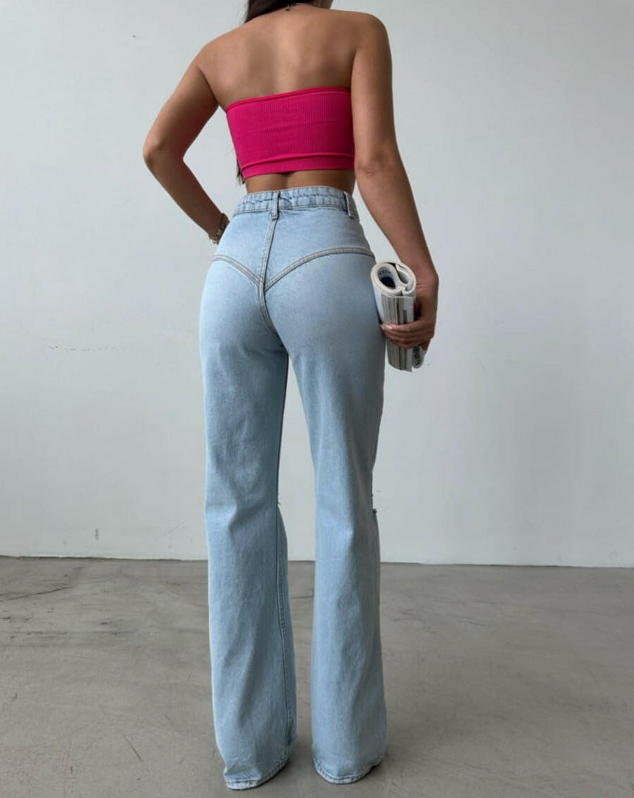 High Waist Button Detail Ripped Model on Knee and Different Model on Backside Jean SQ1075-2 LIGHT BLUE