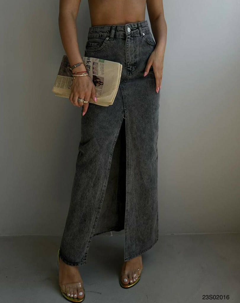 Denim Maxi Skirt Front Slit BF23S02016 Grey