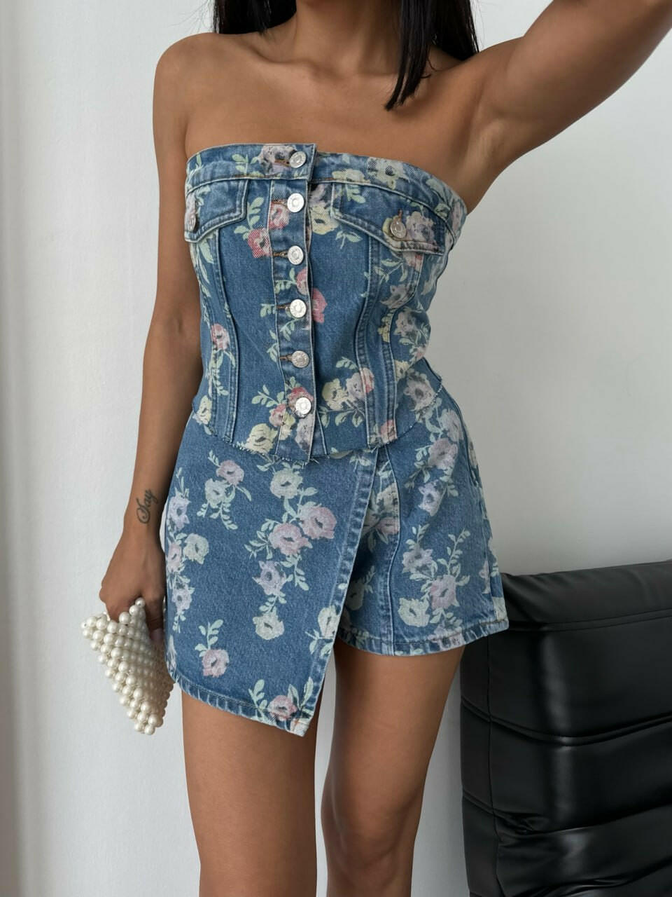 Flower Print Design Denim Short Skirt SQ1134-1 Dark Blue