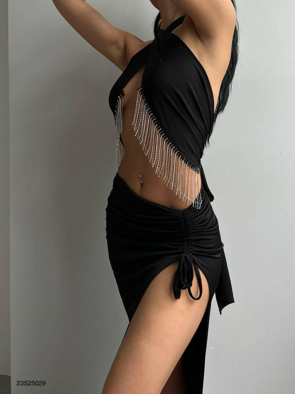 Rhinestone Tassels Party Dresses Cut Out Halter Backless Two Piece Long Dress BF23S25029 Black