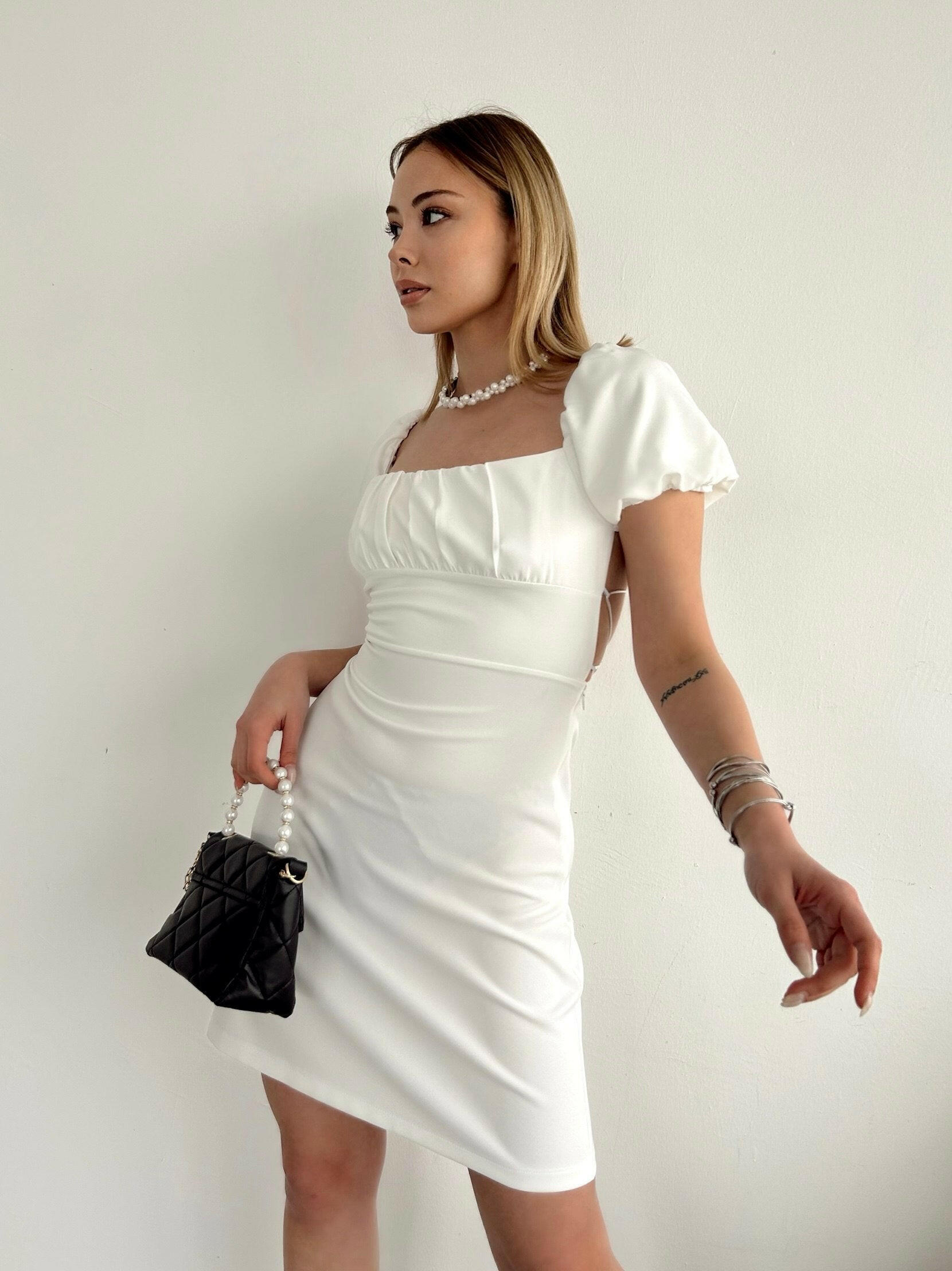 Adjustable Plain White Dress with Drawstring Back White.