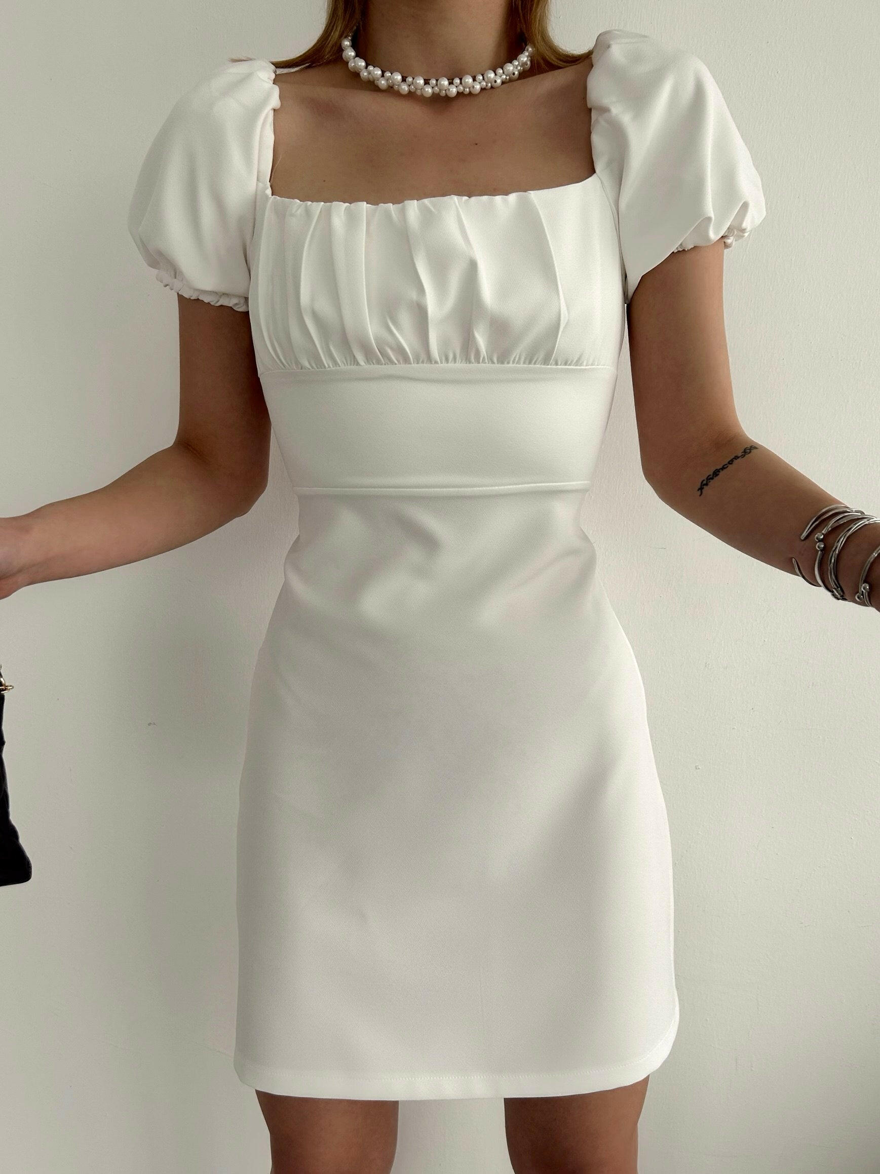 Adjustable Plain White Dress with Drawstring Back White.