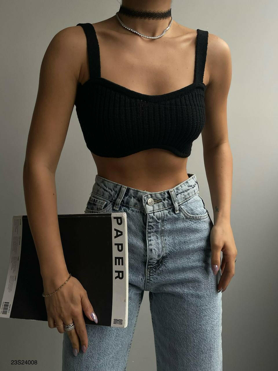 Thick Strap Knit Top Pattern Summer Cropped Top Bra BF23S24008 Black