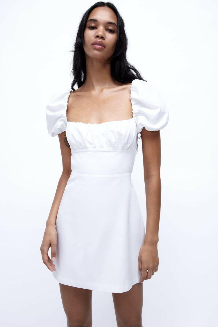 Adjustable Plain White Dress with Drawstring Back White