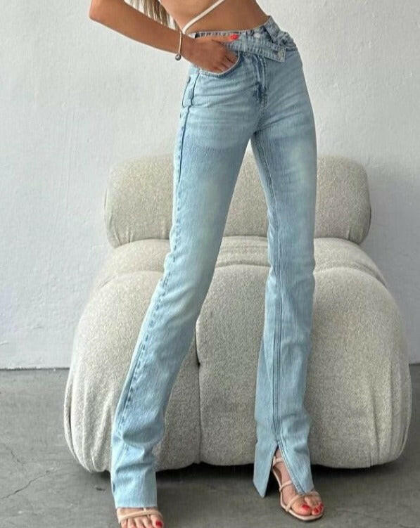 Chic in Jeans With Different Look Belt Model and Side Split on Ankle SQ998-15 LIGHT BLUE